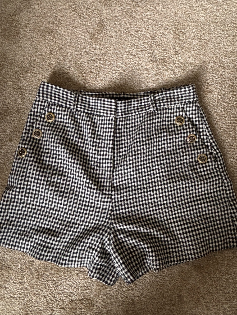 Zara Black and White Gingham High-Waist Buttoned Shorts